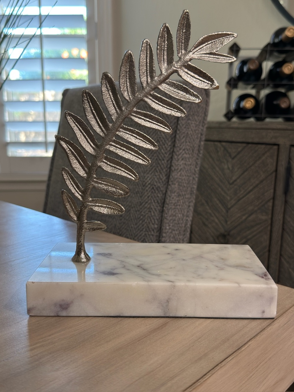 Metallic Silver Leaf Sculpture on Marble Base - Home Accents